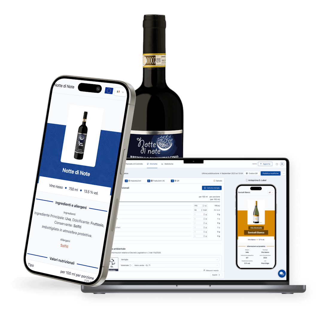Bottle of wine with QR code and two phones